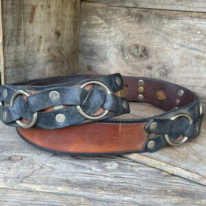 Vintage Biker Motorcycle Belt Leather Strap Black /  Brown with Rings & Rivets